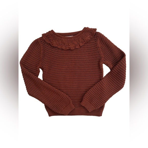 Doen Sweaters - Doen Size Large Talia Knit Pima Cotton Sweater in Chile with Crochet Lace Collar